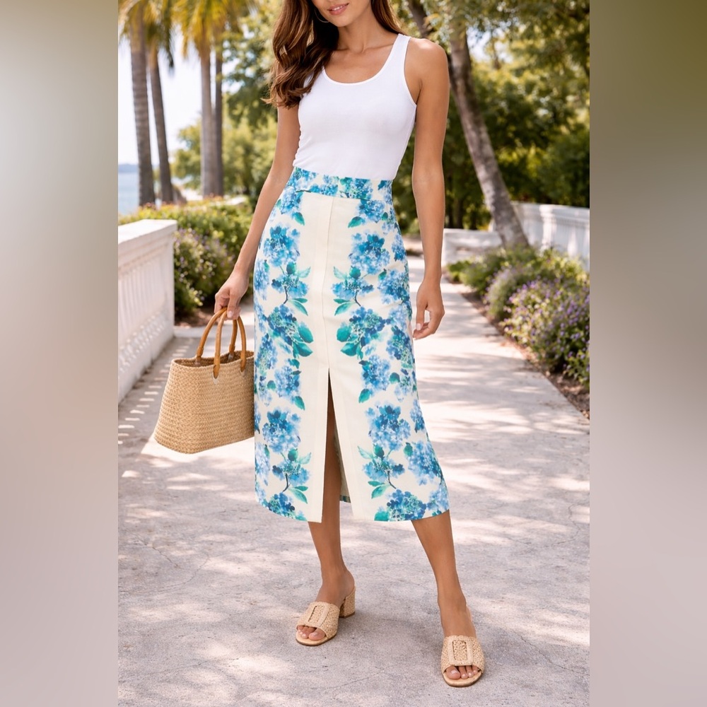 Tuckernuck Water’s Edge Hydrangea Kennedy Midi Skirt M NWT Floral Slit Chic